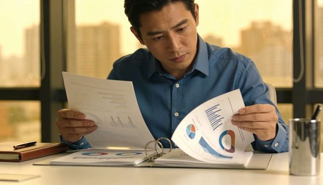 Asian Businessman Examining Financial Charts and Reports at Office Desk During Golden Hour