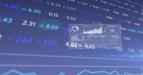 Holographic financial dashboard overlaid on stock market tickers with analytics interface