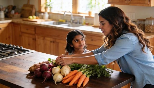 Mother and daughter preparing fresh root vegetables on rustic wooden kitchen island