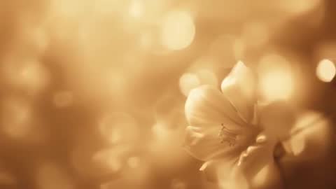 Drifting camera revealing golden blossom in macro with glowing bokeh and slow-motion focus