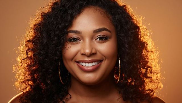 Smiling woman wearing glossy makeup and gold hoop earrings, curly hair, warm rim light