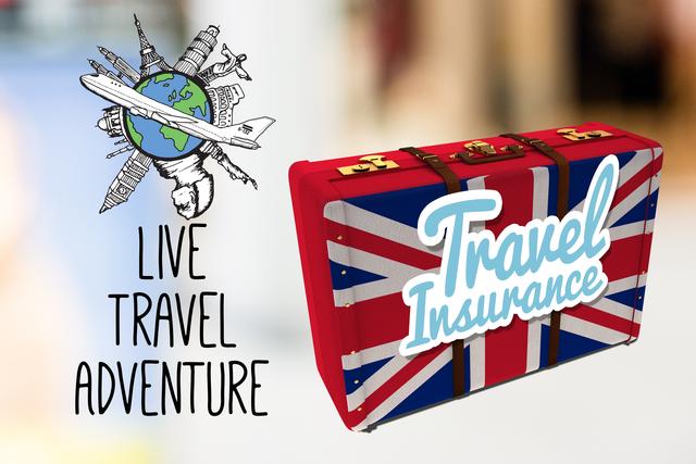 This image depicts a suitcase designed with a British flag and text saying 'Travel Insurance' alongside an airplane graphic surrounded by world landmarks. The tagline 'Live Travel Adventure' emphasizes the theme of exploration and travel. Ideal for use in travel insurance promotions, adventure blogs, international travel ads, or travel planning websites. Enhances content related to travel safety, insurance policies, and travel planning.