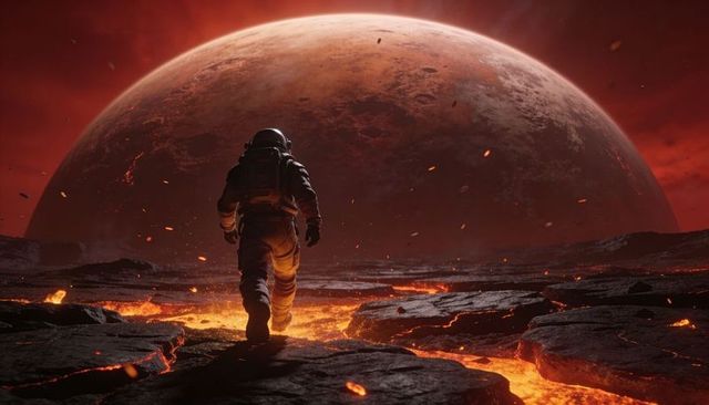 Astronaut walking across fractured lava plain toward enormous red planet looming on horizon