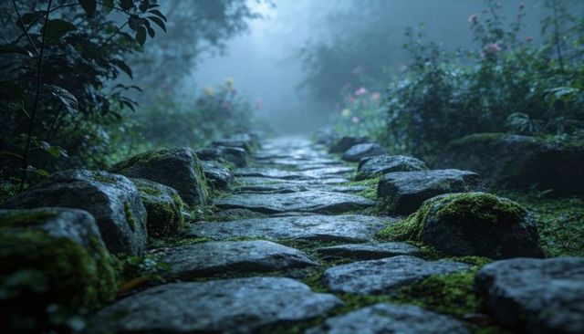 Moss-covered cobblestone path leading into misty woodland, wet stones gleaming