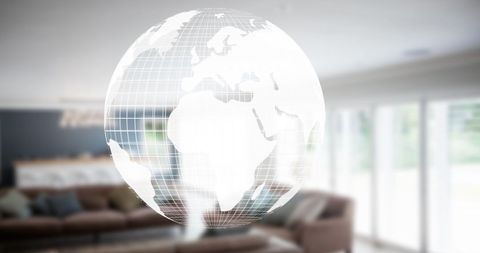 Digital Globe Overlay in Modern Living Room Interior - Download Free Stock Images Pikwizard.com