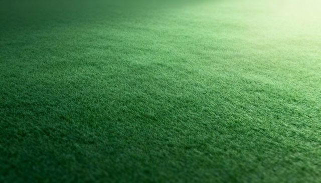 Close-up sports turf showing dense green grass texture with sunlight glow