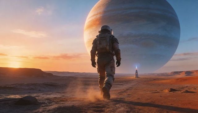 Astronaut Walking Toward Beacon on Alien Desert Under Massive Gas Giant at Sunset