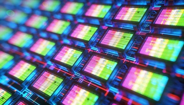 Colorful micro-led chip array glowing on neon circuit grid for futuristic display tech