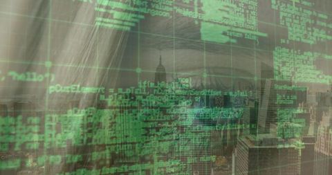 Abstract Digital Data Overlay with Urban Skyline - Download Free Stock Images Pikwizard.com