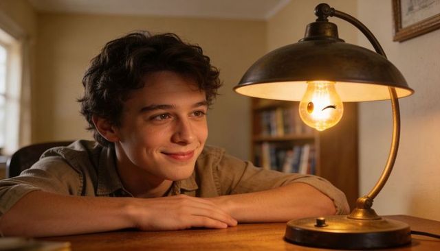 Teenager leaning on desk smiling at glowing brass lamp in cozy study