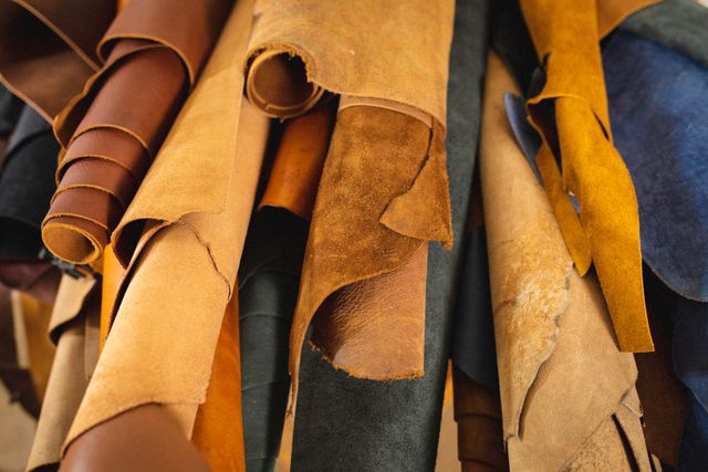 This image showcases a close-up view of various leather rolls in a workshop. The rich textures and colors of the leather are prominently displayed, making it ideal for use in articles or advertisements related to leatherworking, craftsmanship, small businesses, and handmade products. It can also be used as a background image for websites or promotional materials in the fashion and accessories industry.
