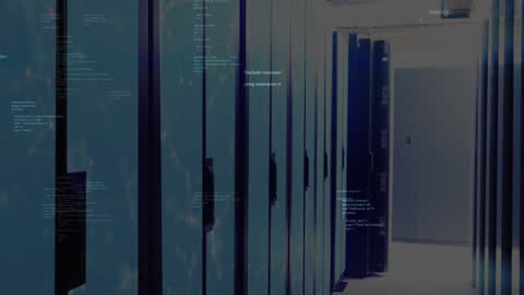 Glowing Computer Code over Dimly Lit Data Center