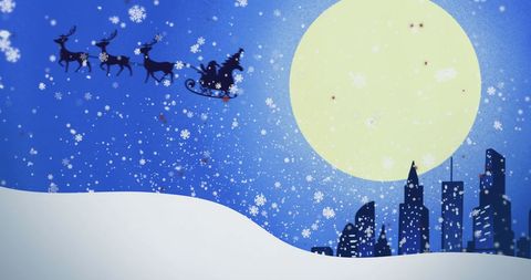 Santa Sleigh Flying Over Winter Cityscape