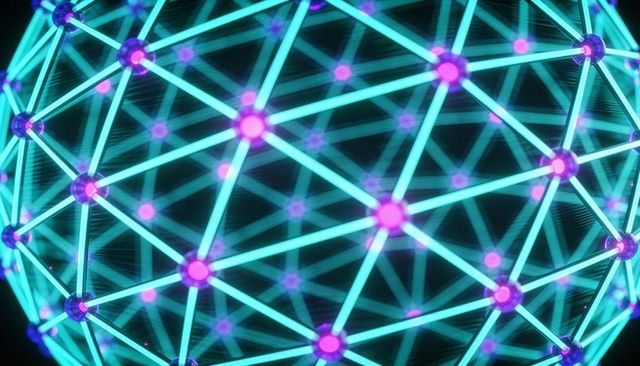 Glowing neon geodesic network sphere with cyan rods and magenta nodes