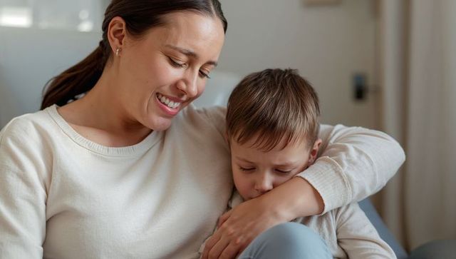 Mother comforting young son on sofa at home, tender embrace and calm bonding