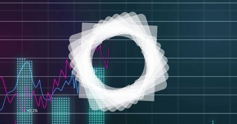 Rotating glowing geometric ring over financial dashboard with line graphs highlighting growth