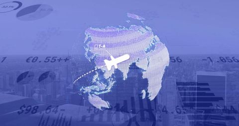 Digital data processing overlaying global network and cityscape