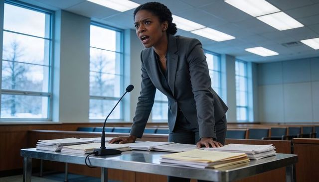 Black female attorney leaning over table arguing passionately at courtroom hearing