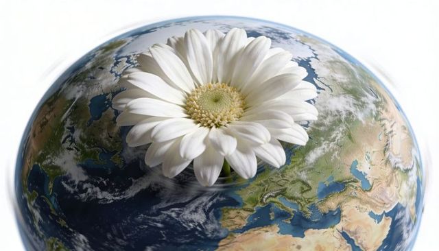 White daisy bloom floating over earth globe symbolizing environmental balance concept hope