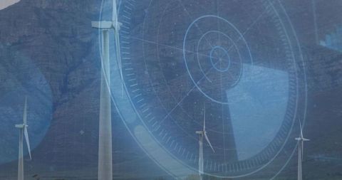 Wind farm with futuristic blue hud overlay visualizing renewable energy monitoring