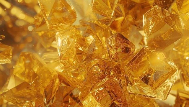 Glowing Reflection of Shimmering Golden Crystals in Abstract Space