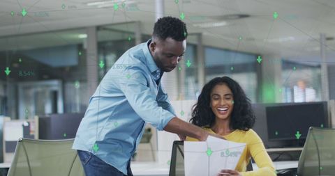 Diverse Colleagues Analyzing Data with Digital Interface Overlay