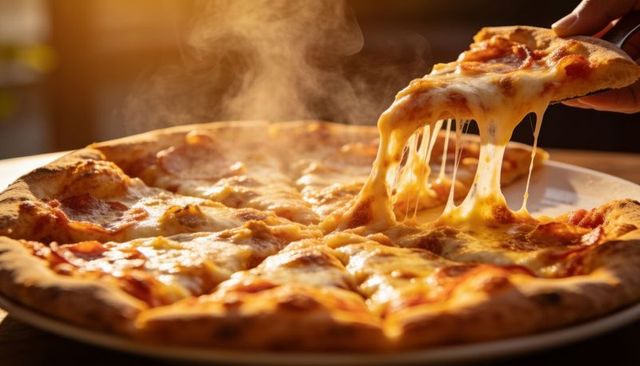 Hot pepperoni pizza with stretching cheese pull, steam rising, crispy golden crust