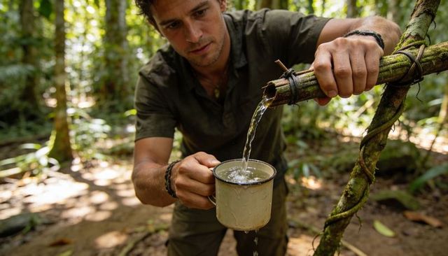 Survivalist collecting fresh water from bamboo spout in lush tropical rainforest