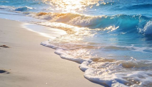 Sunlit turquoise wave breaking on smooth sandy shoreline at golden hour