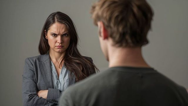 Tense Office Encounter with Cross-Armed Businesswoman