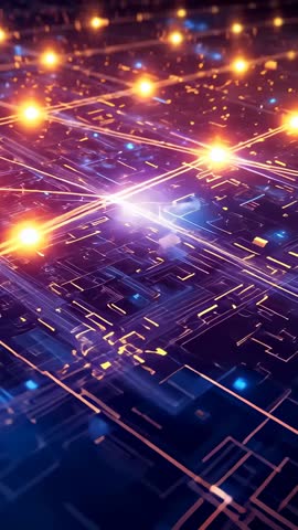 Vertical neon circuit network with pulsing glowing nodes and digital data flares
