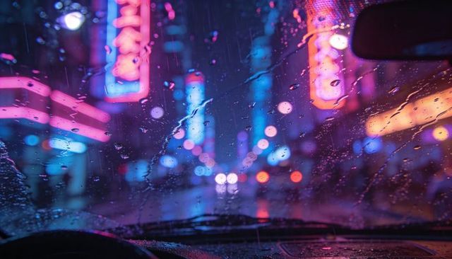 Rain-soaked windshield creating neon bokeh and colorful reflections in rainy city night