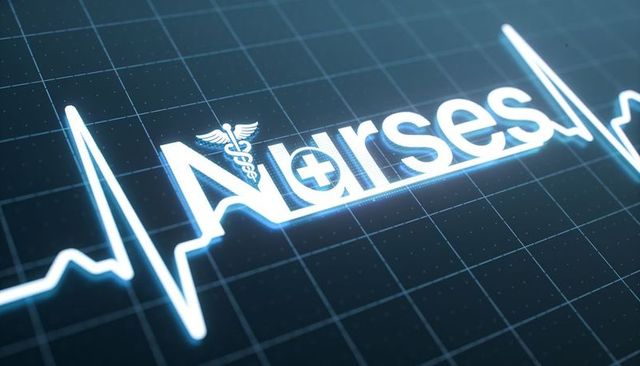 Glowing ecg pulse forming nurses text with caduceus and medical cross on digital monitor