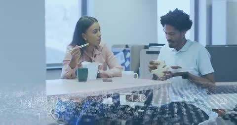 Colleagues Enjoying Lunch with Data Processing Overlay