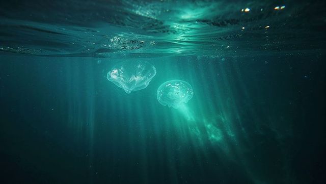 Bioluminescent jellyfish illuminated by sunlight in teal water
