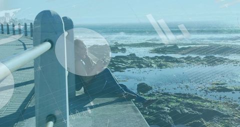 Woman Relaxing on Promenade Against Digital Data Overlay