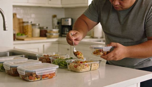 Man packing healthy meal prep into glass containers on kitchen counter