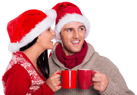 Happy Couple in Santa Hats Holding Mugs with Transparent Background