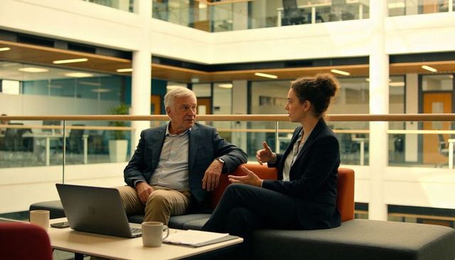 Senior executive mentoring junior colleague in modern office atrium lounge with laptop
