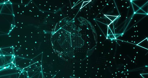 Glowing Digital Earth Rotating in Neon Cyber Network with Data Nodes and Dynamic Links
