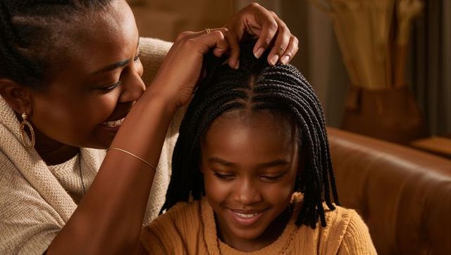 Mother braiding daughter's hair on sofa, cozy home bonding and hair care moment