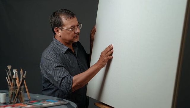 Artist aligning blank canvas in studio with brushes