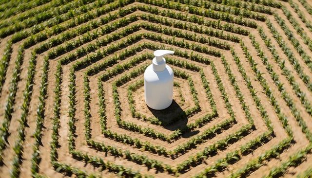 Sitting white pump bottle in hexagonal furrows of seedling field natural skincare concept