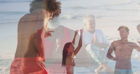 Energetic Beach Dance and Meditation Vibrant Outdoor Scene