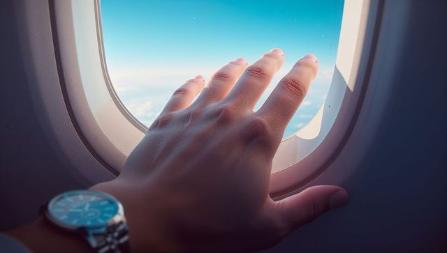 Hand Touching Airplane Window During Flight