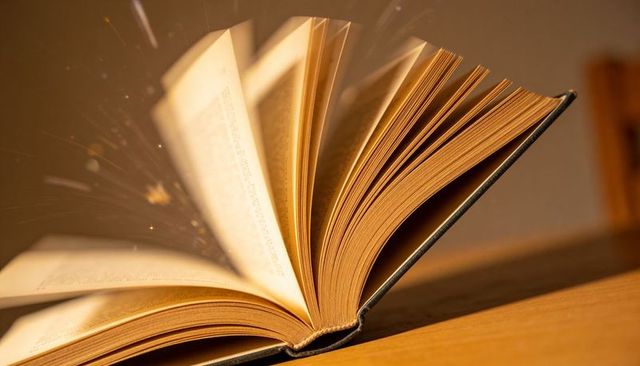 Warm-lit vintage hardcover book fanning pages with glowing dust on wooden desk