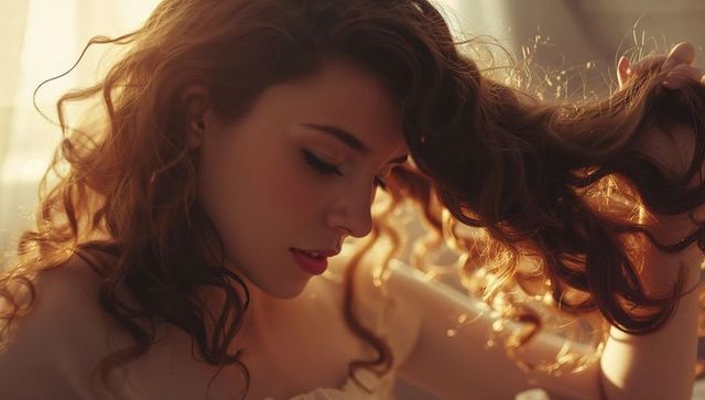 Contemplative Woman Lifting Hair in Sunlit Interior