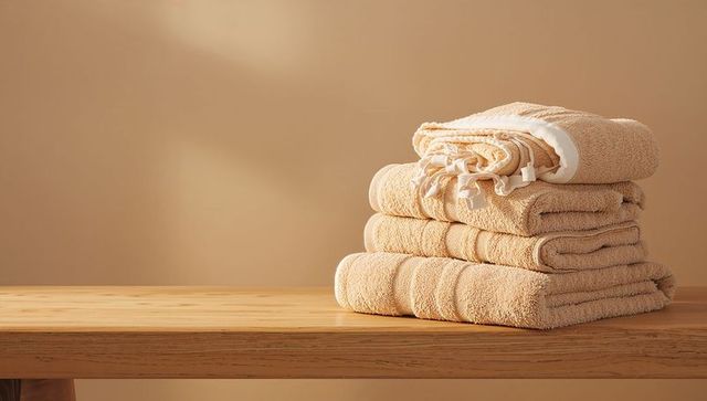 Stacked beige towels on oak table with soft natural light for minimalist bathroom