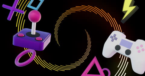 Retro Gaming Icons with Spinning Abstract Lines Background