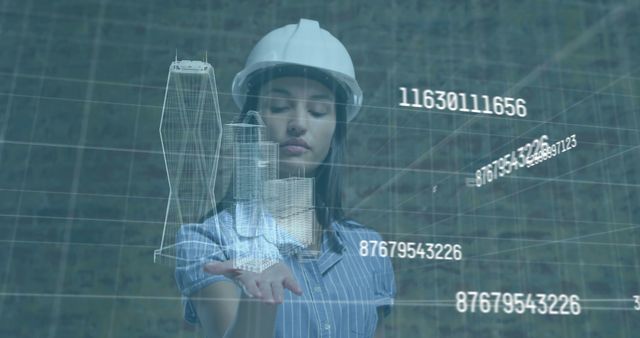 Woman in hard hat engages with virtual architectural models displayed as holograms in futuristic environment. Useful for themes relating to engineering, architecture, construction technology, innovation in design, virtual and augmented reality.